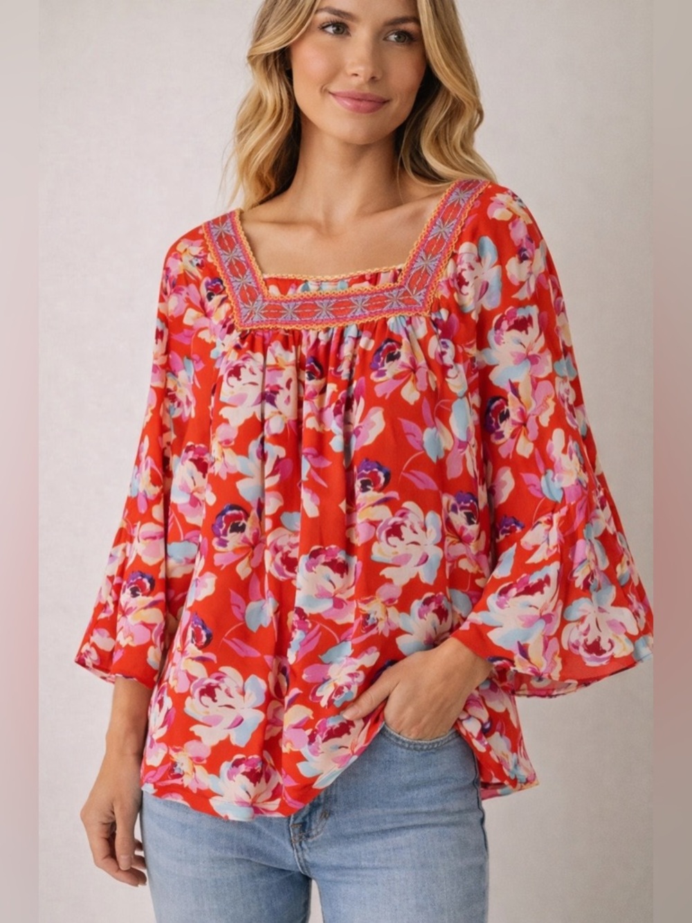 Red Floral Boho Bell Sleeve Top Embroidered Square Neck Blouse